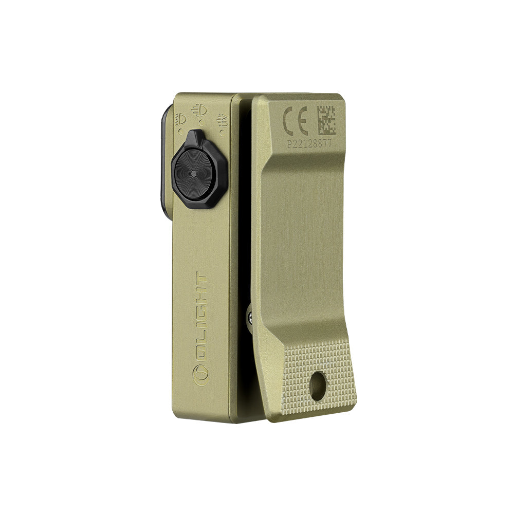 Olight Oclip Ultra Olive Green side view showing the spring clip and control button