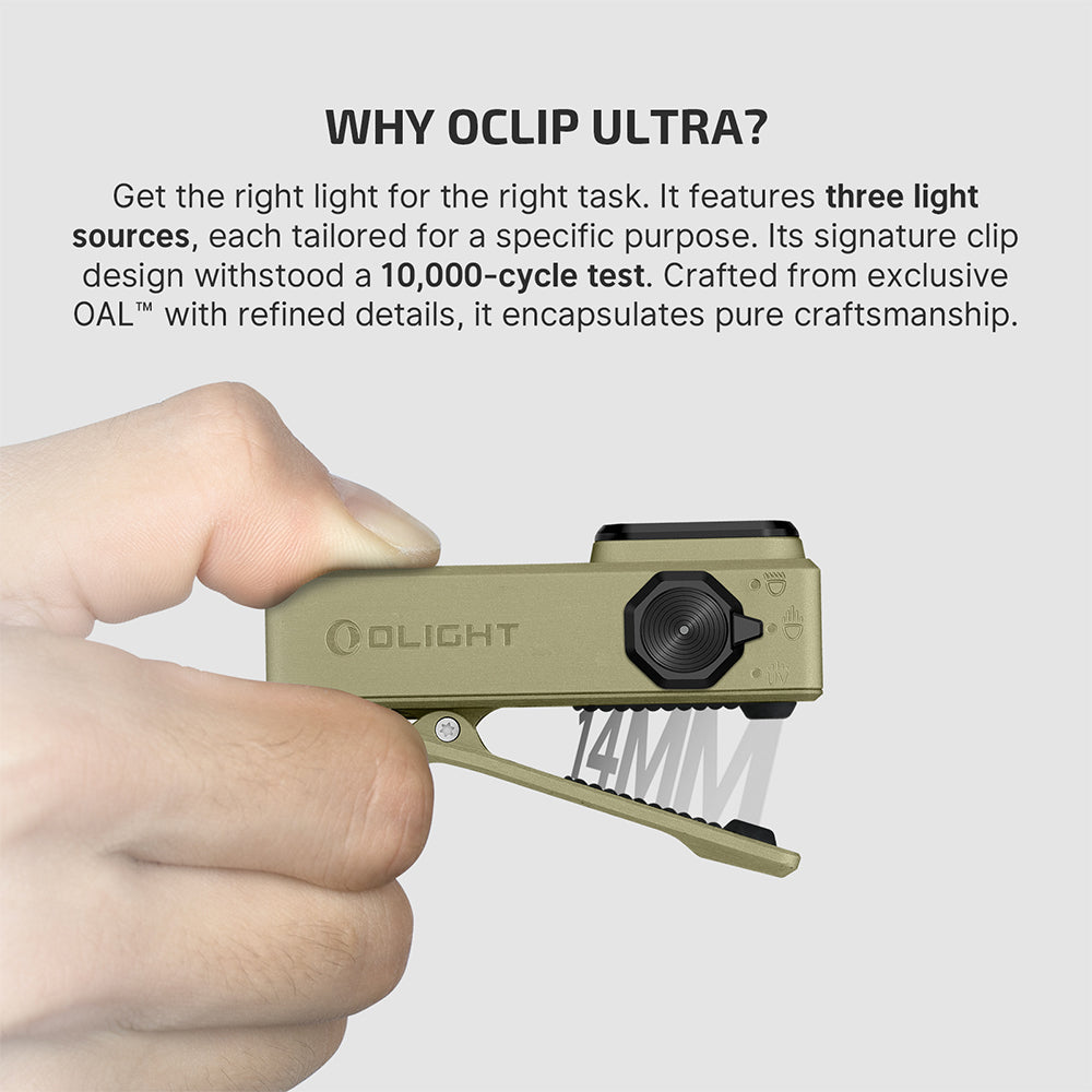 Olight Oclip Ultra Olive Green three light sources and signature clip design, tested to 10,000 open-close cycles