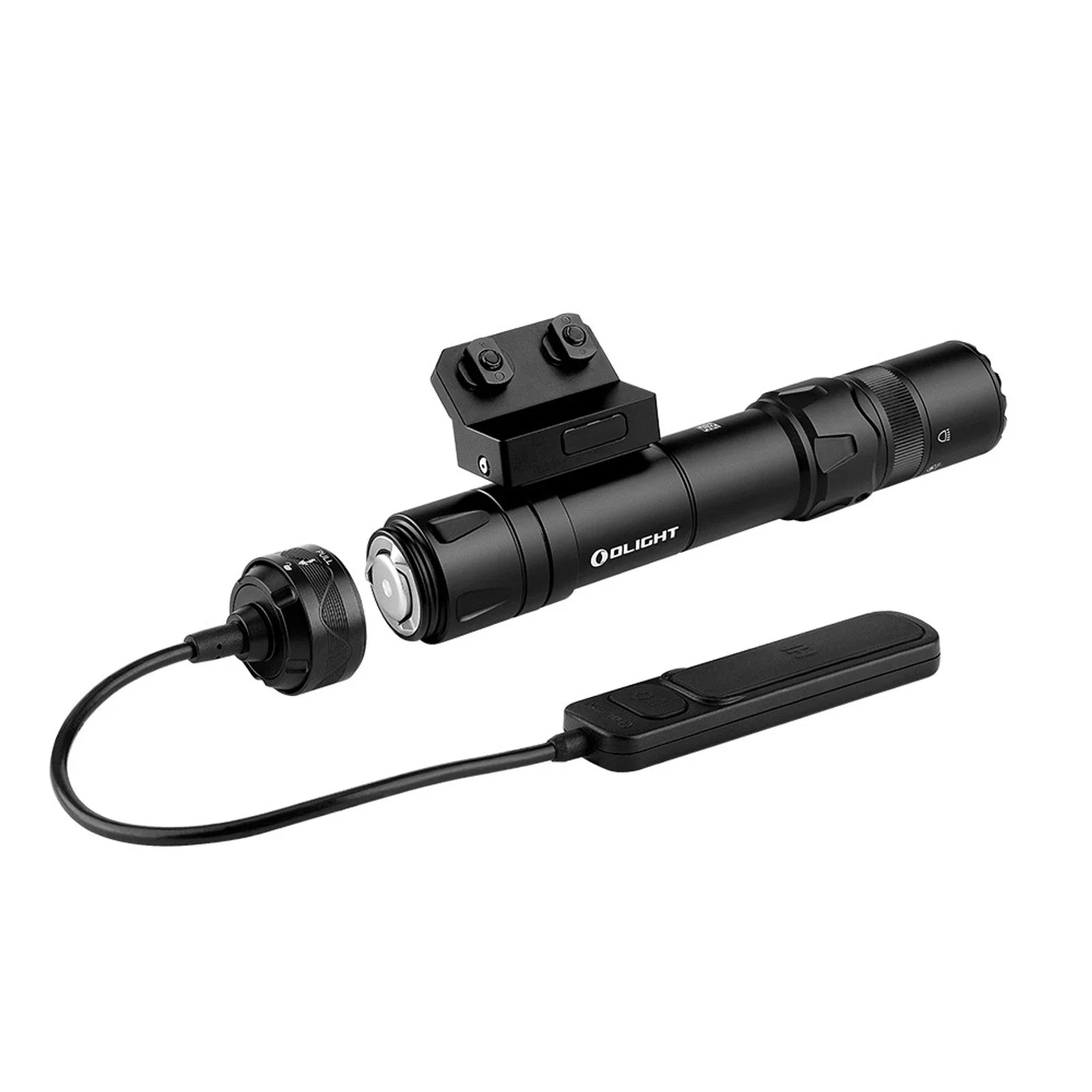 Olight Odin GL M angled view with magnetic remote pressure switch and M-LOK mount