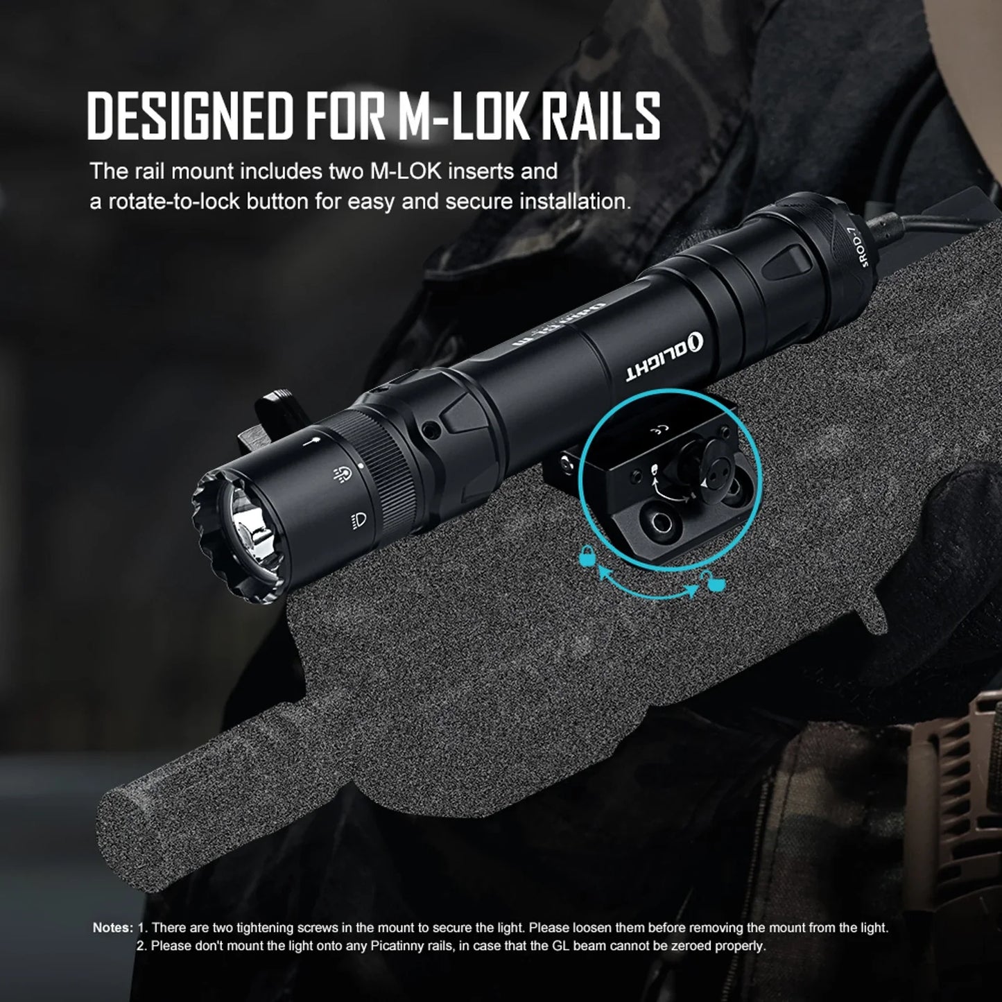 Olight Odin GL M designed for M-LOK rails – two M-LOK inserts and a rotate-to-lock button for secure installation