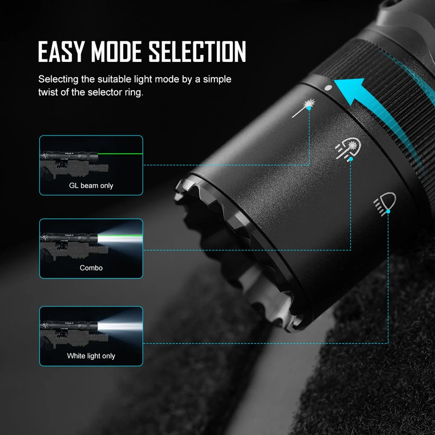 Olight Odin GL M easy mode selection – twist the selector ring for GL beam only, combo, or white light only