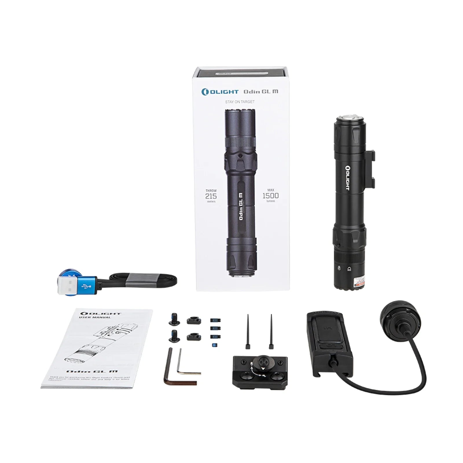 Olight Odin GL M package contents – weapon light, M-LOK mount, hex keys, magnetic charging cable, remote pressure switch and user manual