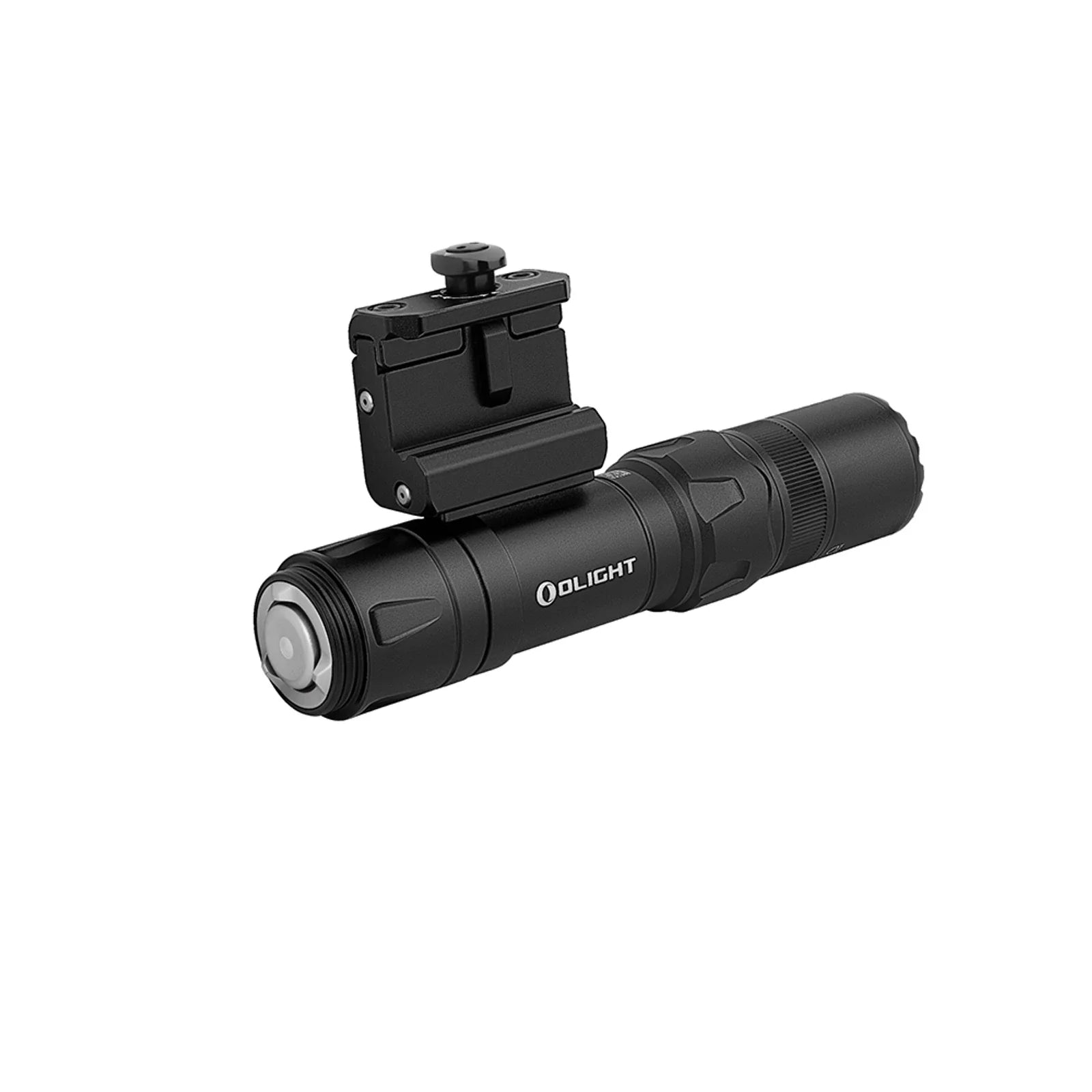 Olight Odin GL Mini angled view showing the Picatinny rail mount and mode selector ring