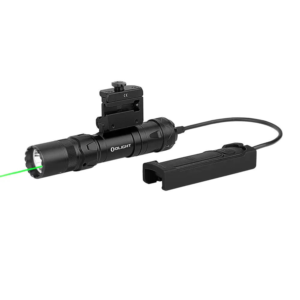 Olight Odin GL Mini front view – 1,000 lumen weapon light with green laser, Picatinny mount and remote pressure switch