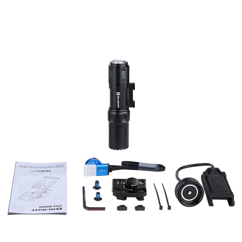 Olight Odin Mini Black package contents – weapon light, M-LOK mount, magnetic charging cable, remote switch and user manual