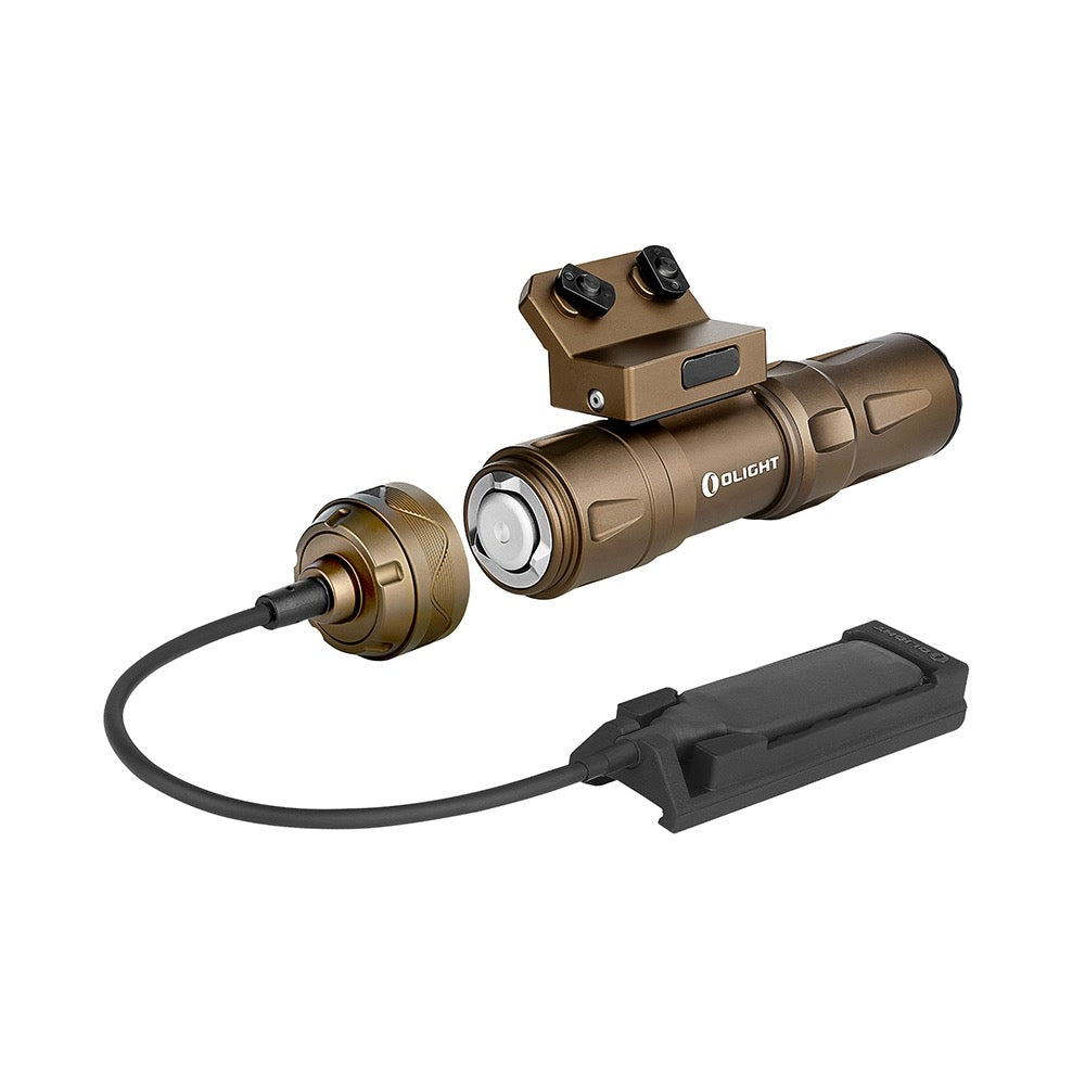 Olight Odin Mini Desert Tan angled view with magnetic remote pressure switch