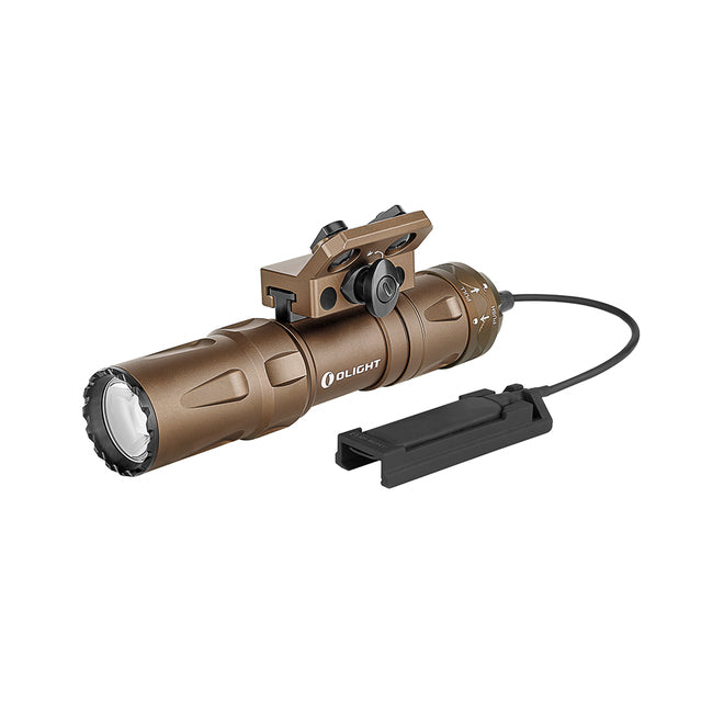 Olight Odin Mini Desert Tan front view – 1,250 lumen weapon light with M-LOK mount and pressure switch