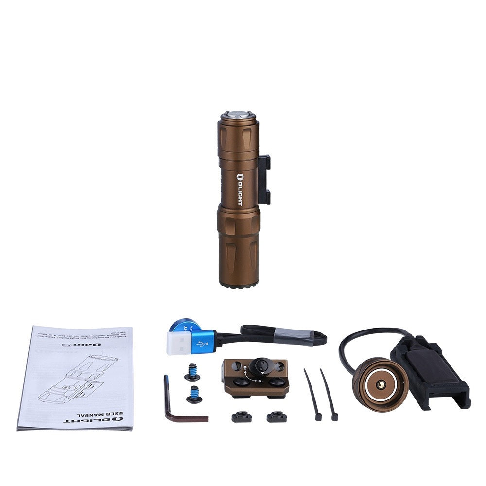 Olight Odin Mini Desert Tan package contents – weapon light, M-LOK mount, magnetic charging cable, remote switch and user manual