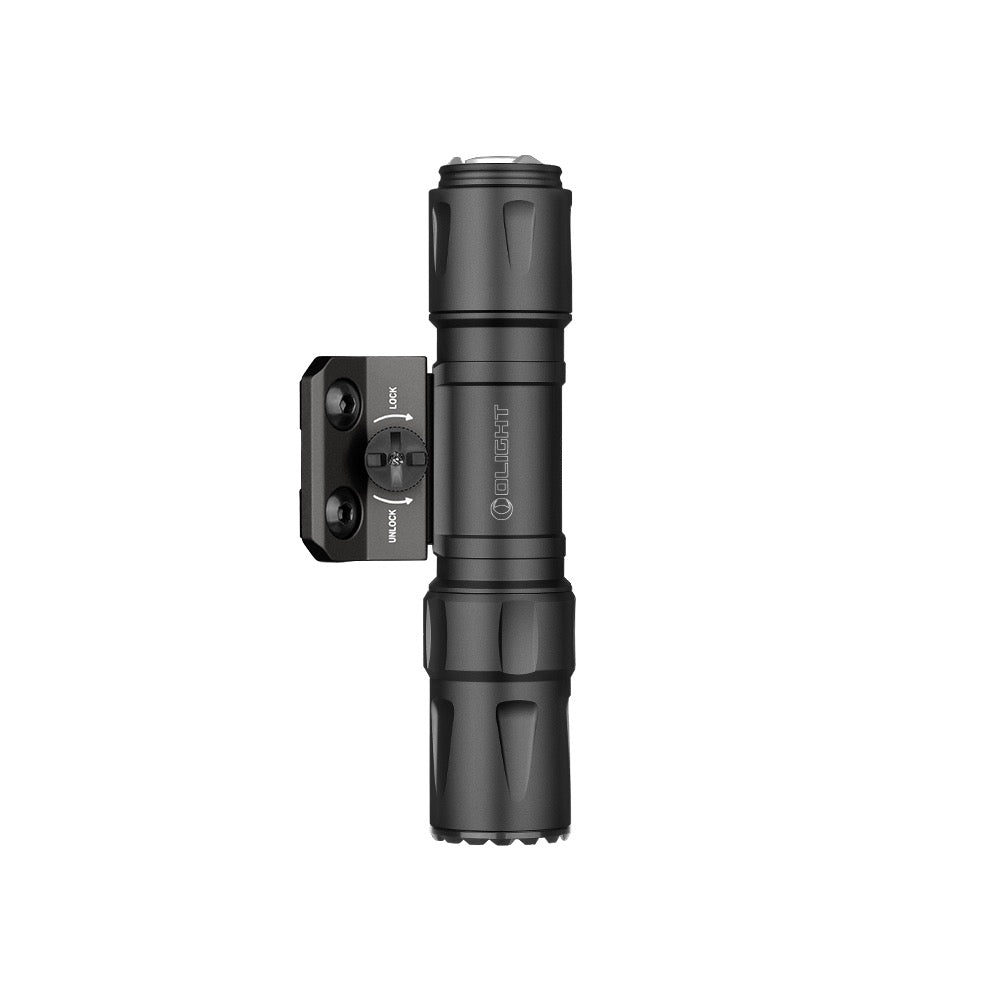 Olight Odin S M-LOK Black top view showing the mount and tail switch