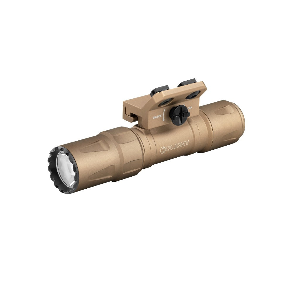 Olight Odin S M-LOK Desert Tan angled view showing the M-LOK mount and bezel