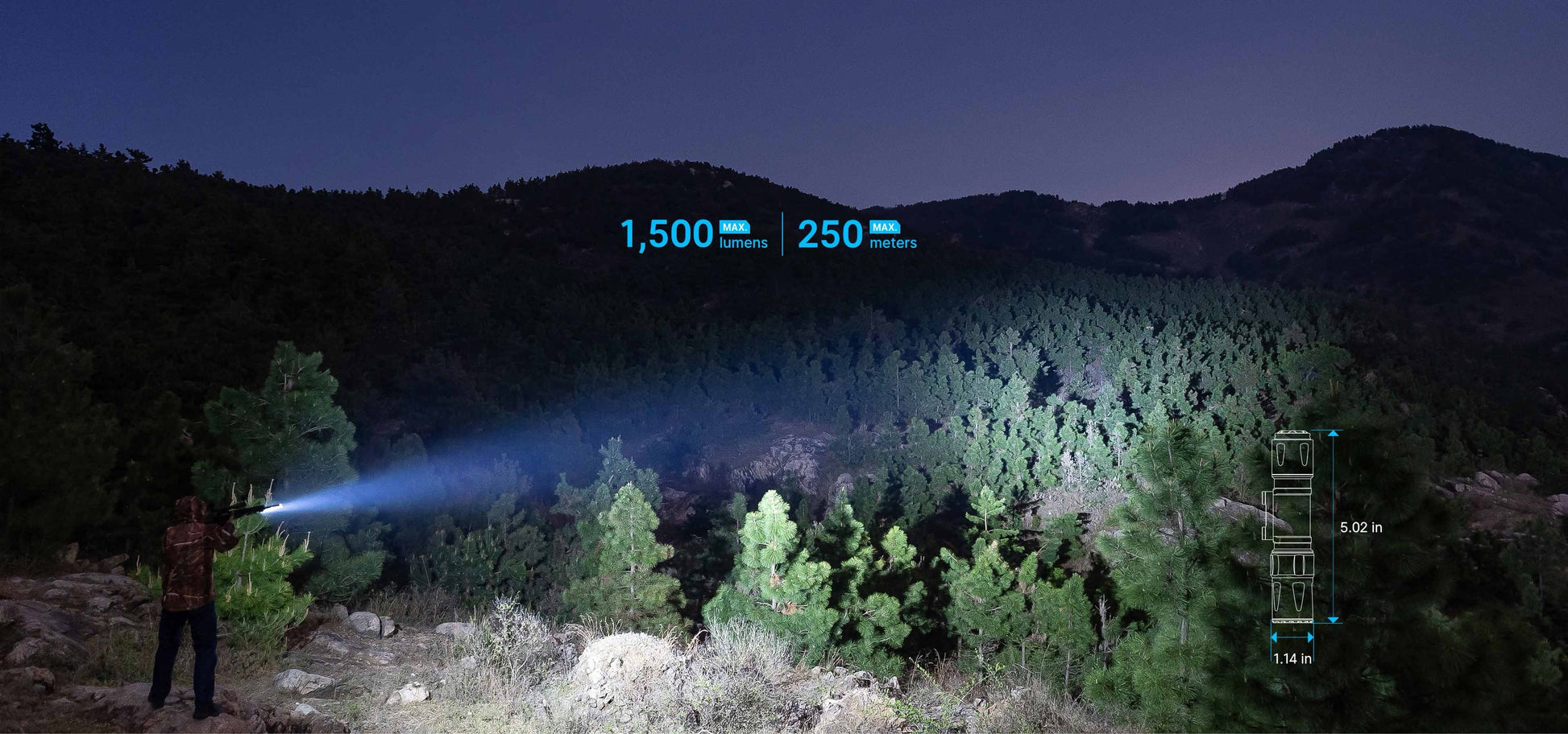 Olight Odin S beam projecting across an open outdoor scene showing its throw distance