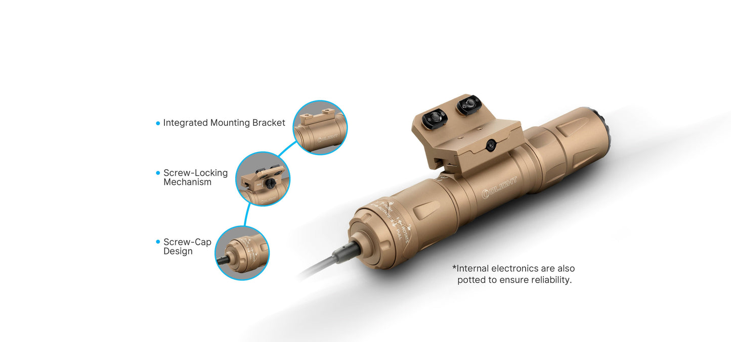 Olight Odin S Desert Tan feature diagram – mount, switch and charging details