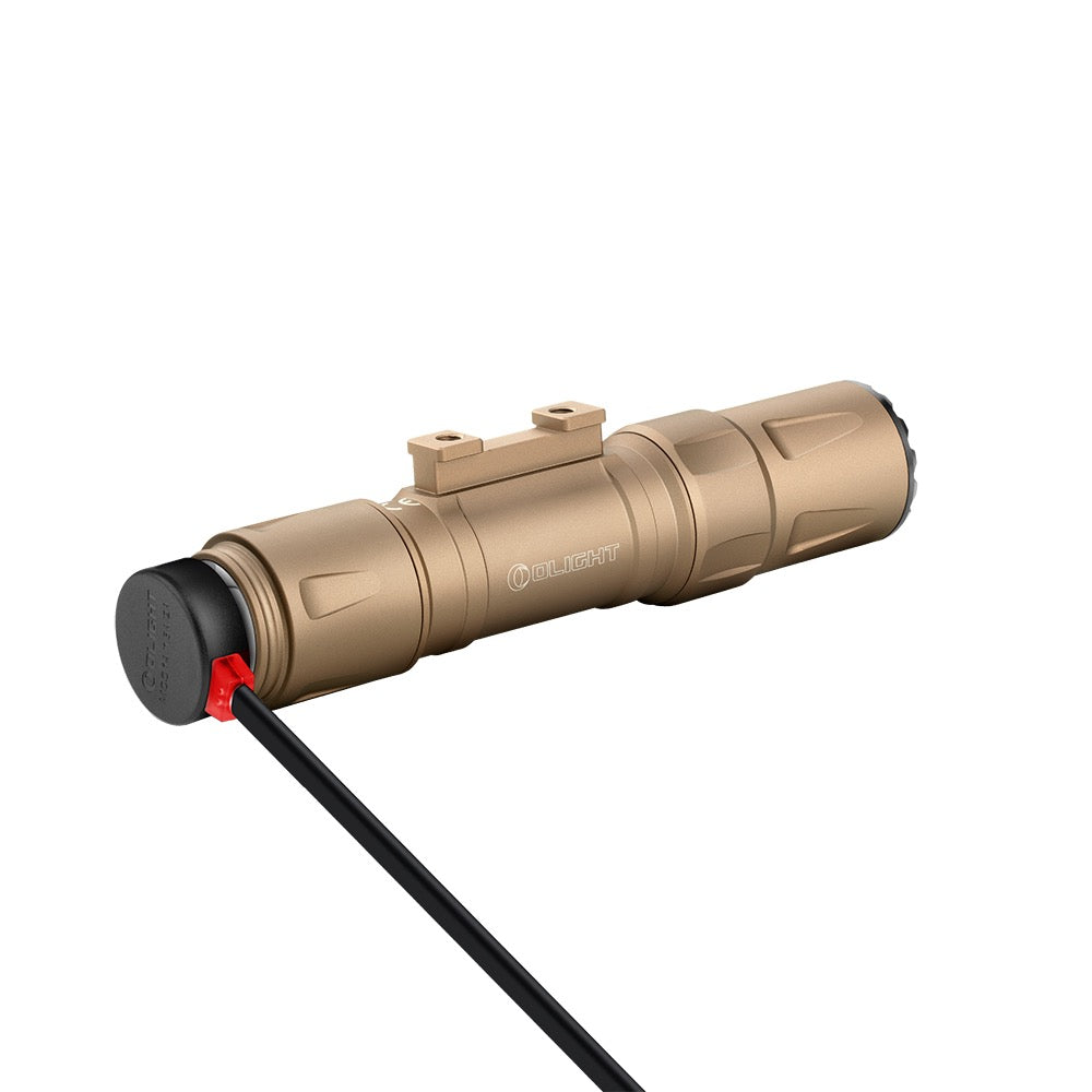 Olight Odin S M-LOK Desert Tan magnetic charging cable connection at the tailcap