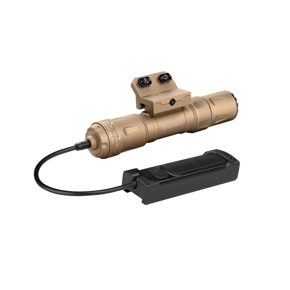 Olight Odin S M-LOK Desert Tan with the remote pressure switch cable routed along the rail
