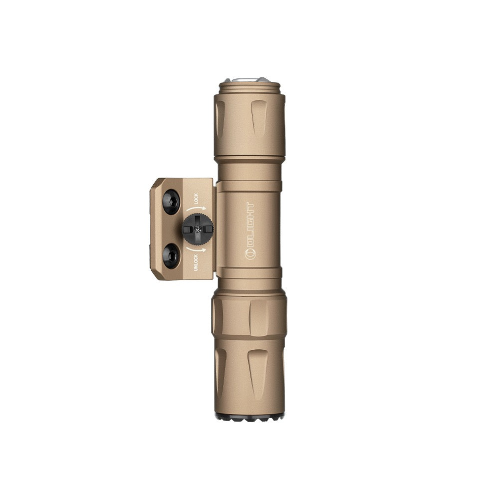 Olight Odin S M-LOK Desert Tan top view showing the mount and tail switch