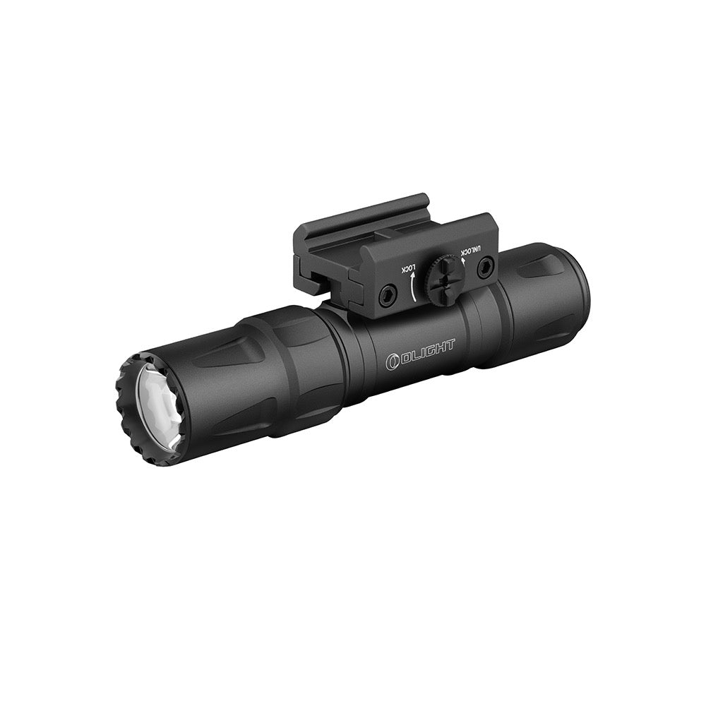 Olight Odin S Picatinny Black angled view showing the Picatinny mount and bezel