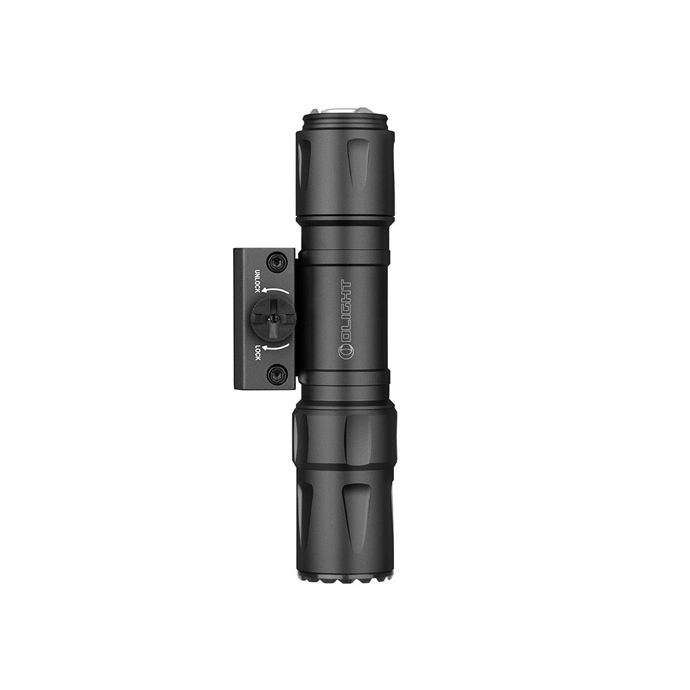 Olight Odin S Picatinny Black top view showing the mount and tail switch
