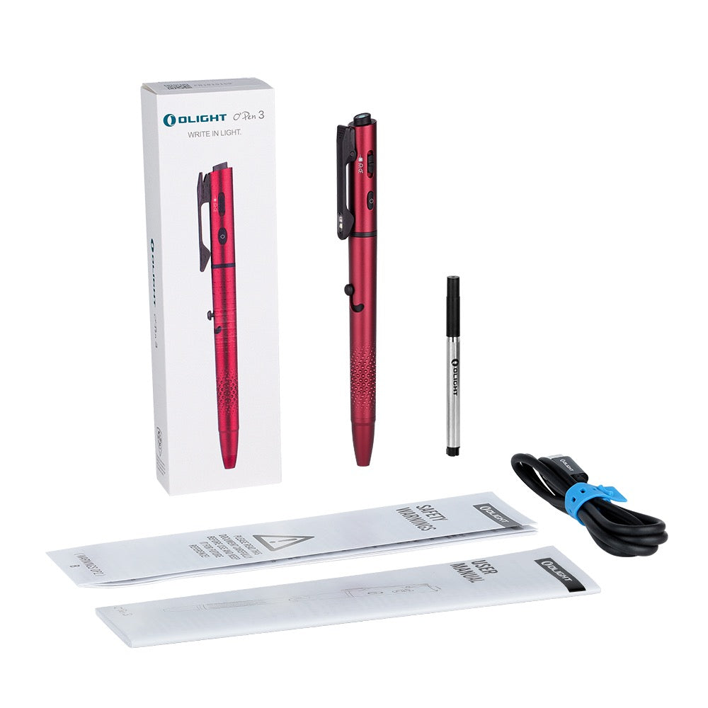 Olight O'Pen 3 Wine Red front view – 120 lumen multifunctional rechargeable pen light with green laser