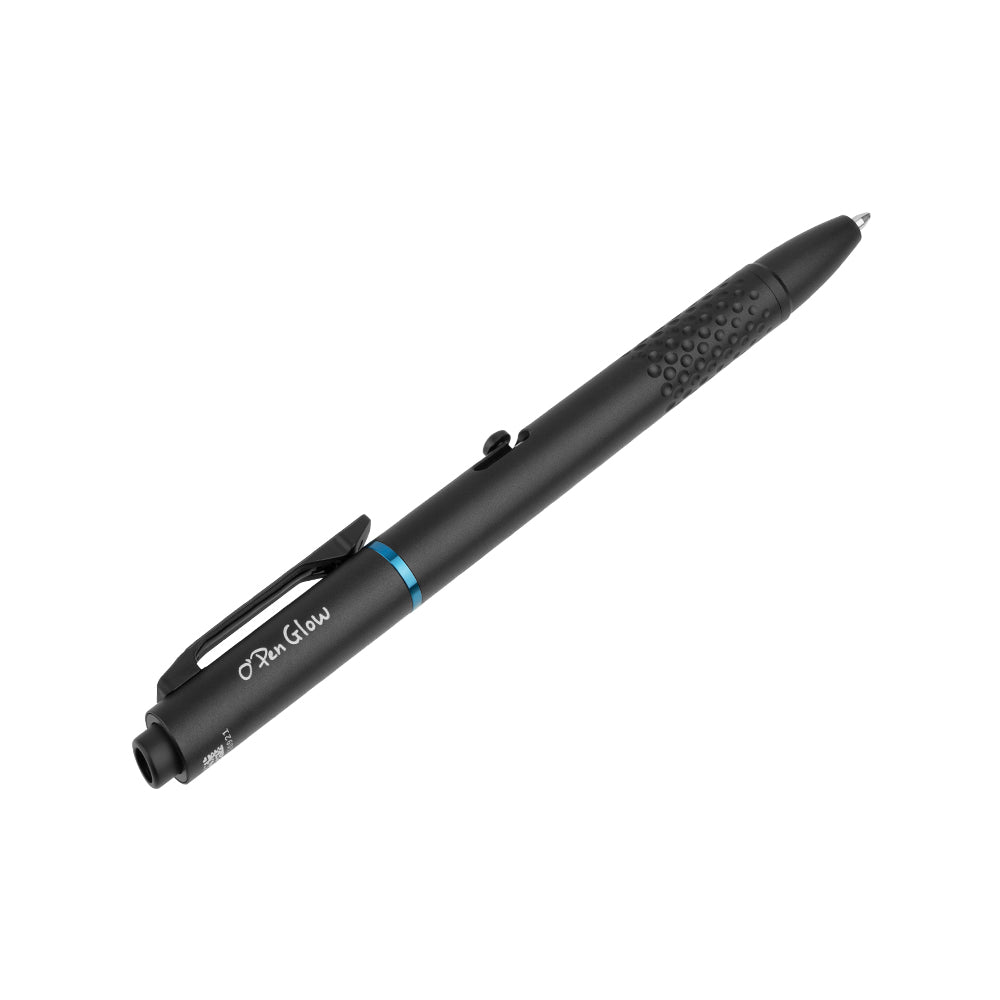 Olight O'Pen Glow Black angled view showing the aluminum pen body and clip