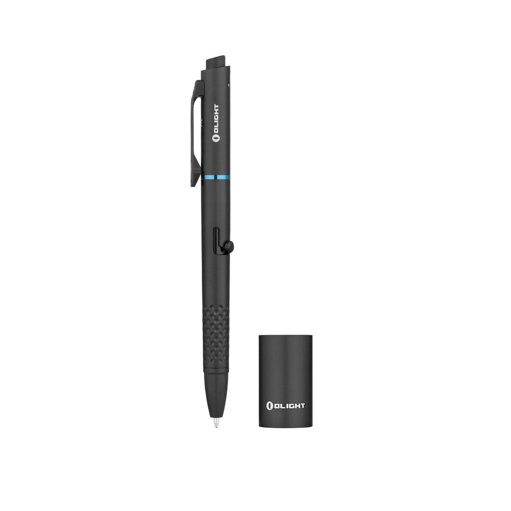 Olight O'Pen Glow Black shown with its USB-C rechargeable charging base