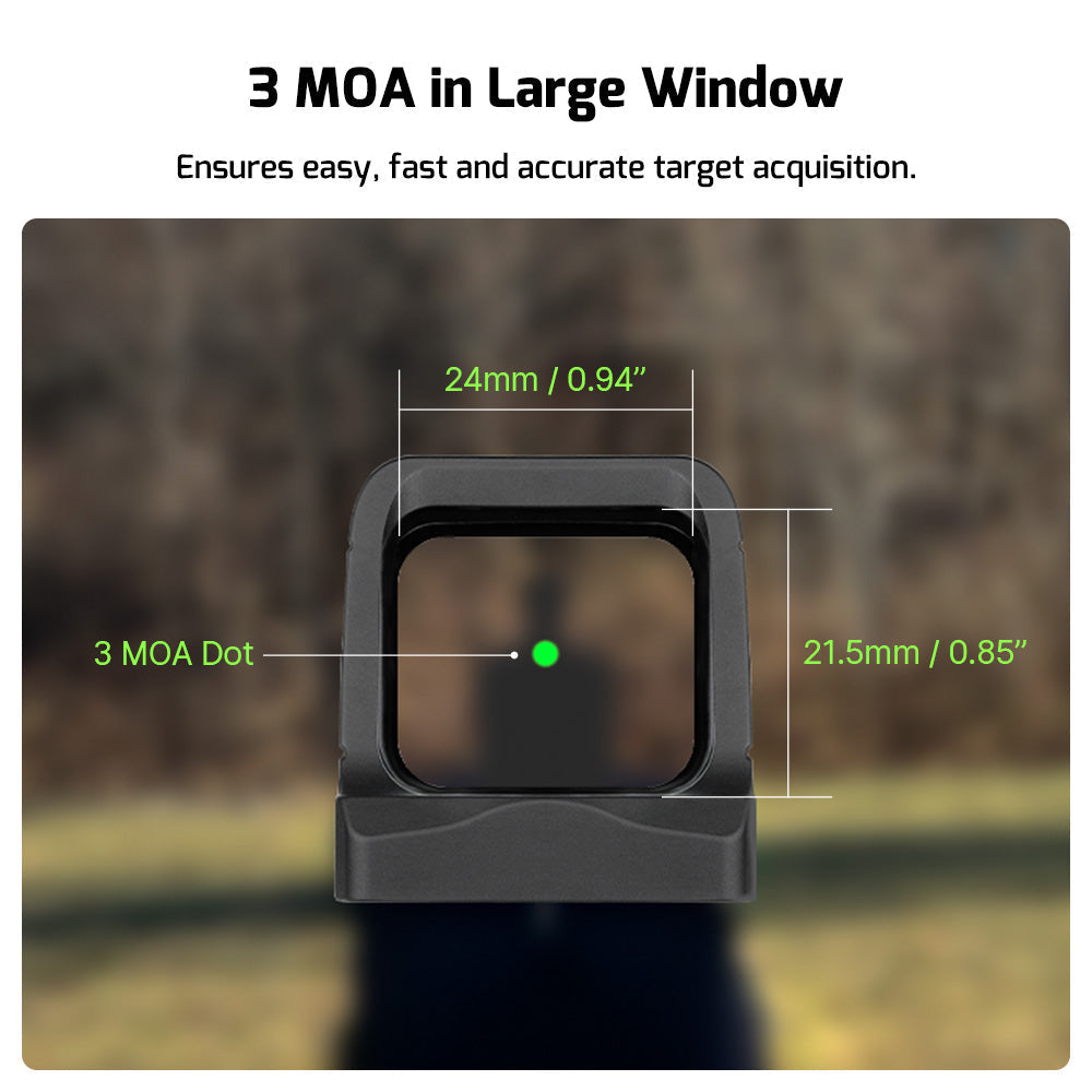Olight Osight Green 3 MOA dot in a large viewing window for easy, fast and accurate target acquisition
