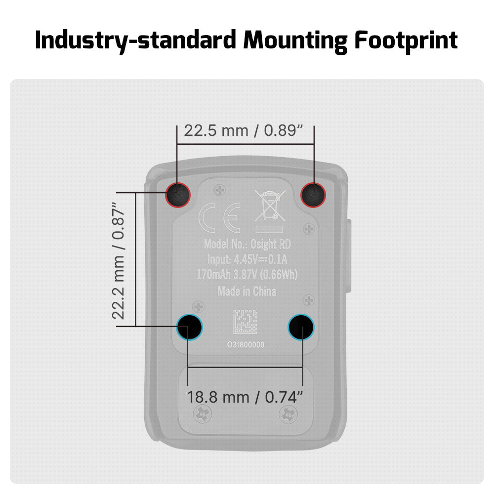 Olight Osight industry-standard RMR 407c/507c mounting footprint with dimensions