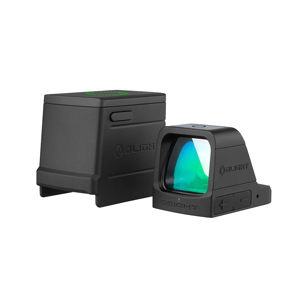 Olight Osight Green 3 MOA dot sight shown with its magnetic charging cover