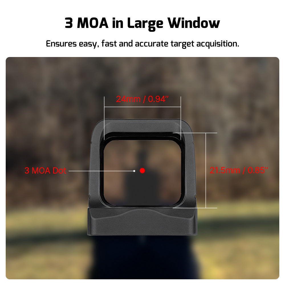 Olight Osight Red 3 MOA dot in a large viewing window for easy, fast and accurate target acquisition