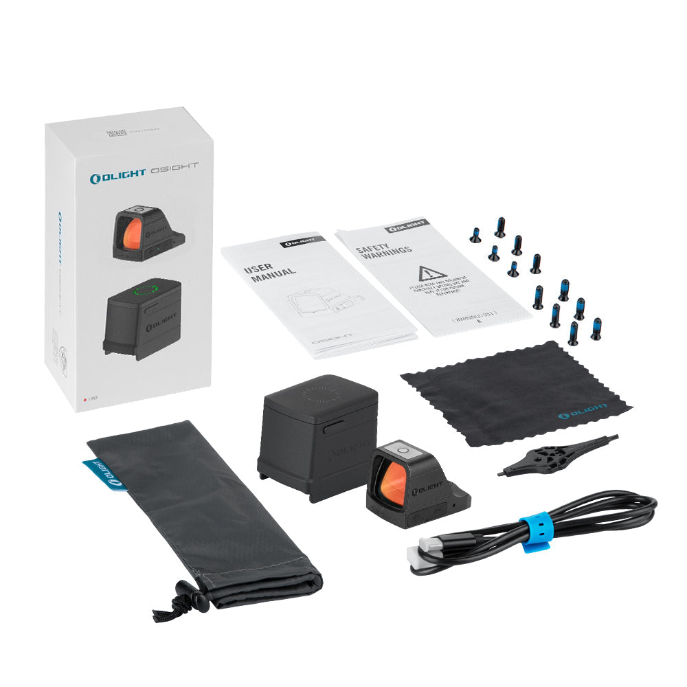 Olight Osight Red 3 MOA package contents – red dot sight, magnetic charging cover, mounting screws, tool, cloth, USB-C cable and user manual