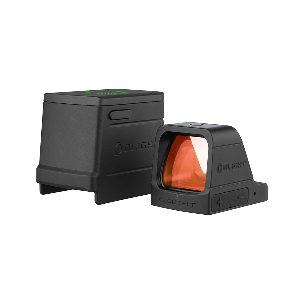 Olight Osight Red 3 MOA red dot sight shown with its magnetic charging cover