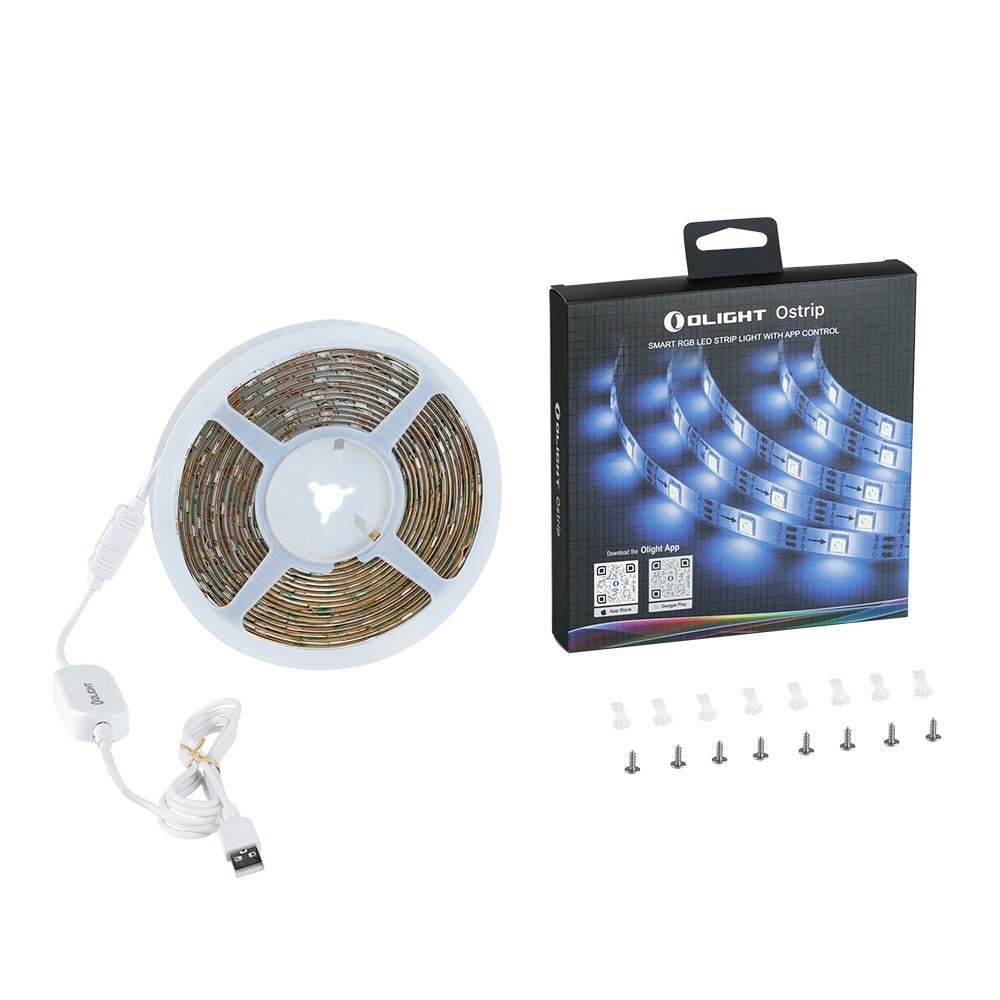 Olight Ostrip package contents – 16.4 ft LED strip, inline controller, retail box and mounting clips