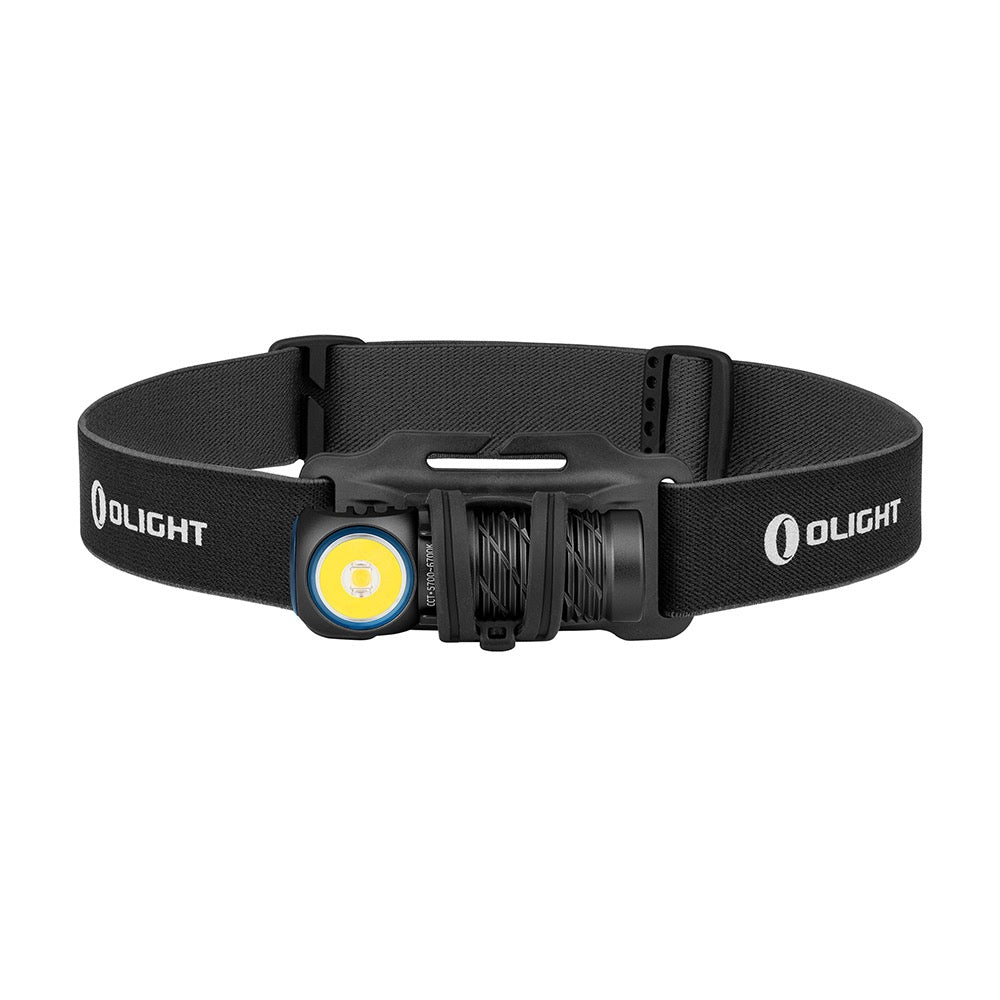 Olight Perun 2 Mini Black mounted on its headband – 1,100 lumen right-angle headlamp