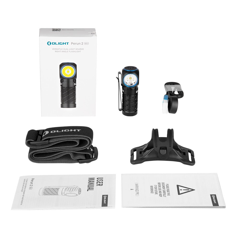Olight Perun 2 Mini Black package contents – headlamp, headband, mounting bracket, magnetic charging cable and user manual