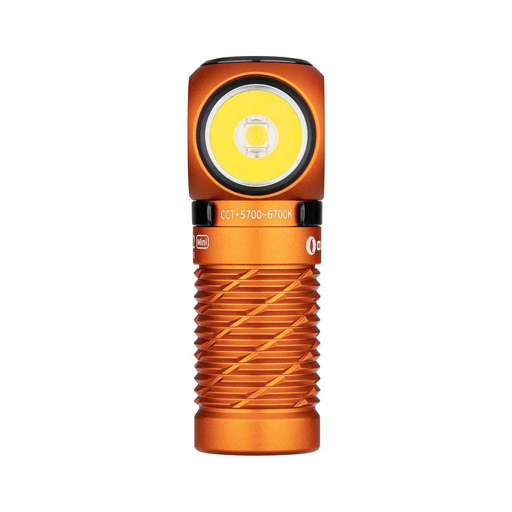 Olight Perun 2 Mini Orange – 1,100 lumen right-angle rechargeable headlamp with red LED night vision