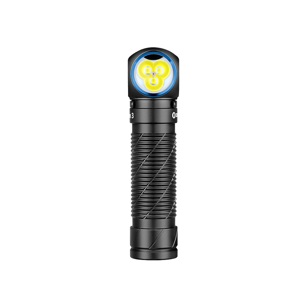 Olight Perun 3 Black front view – 3,000 lumen right-angle rechargeable headlamp with white and red LEDs