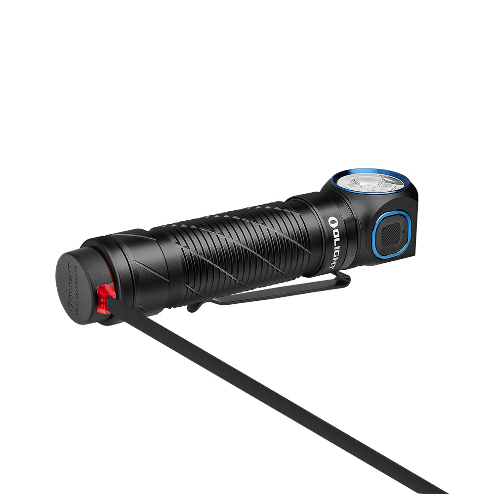 Olight Perun 3 Black magnetic charging cable connected to the tailcap