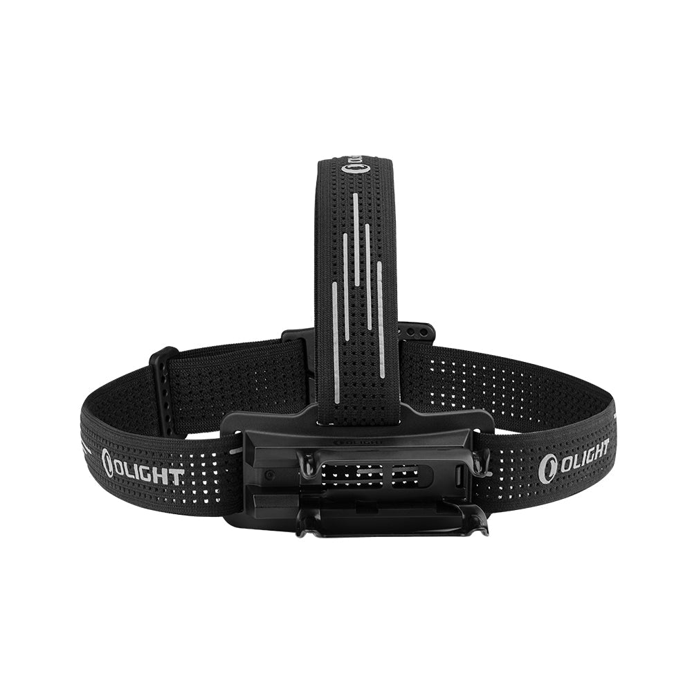 Olight Perun 3 Black mounted on its headband, angled view