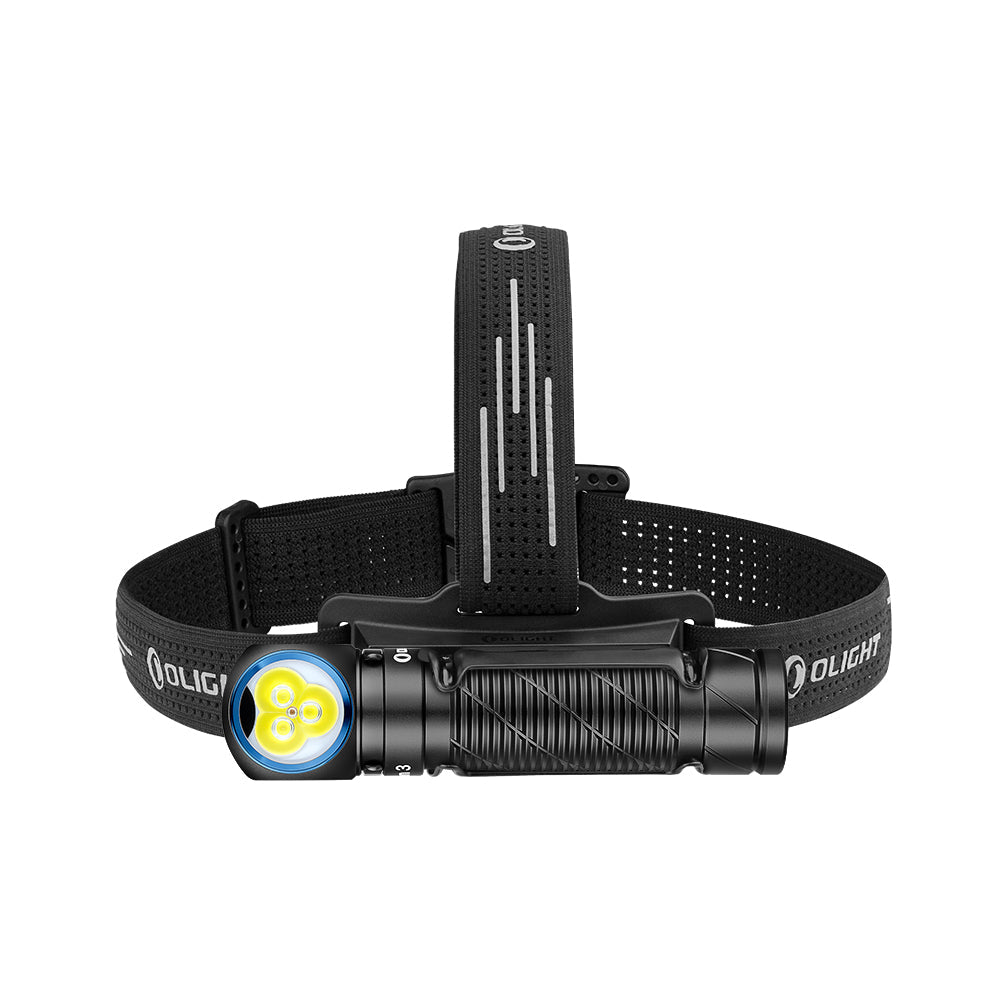 Olight Perun 3 Black mounted on its headband, front view
