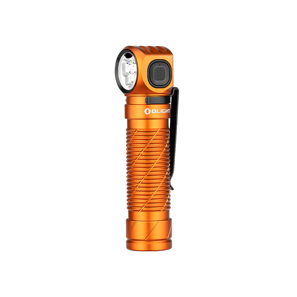 Olight Perun 3 Orange angled view showing the right-angle head and side switch