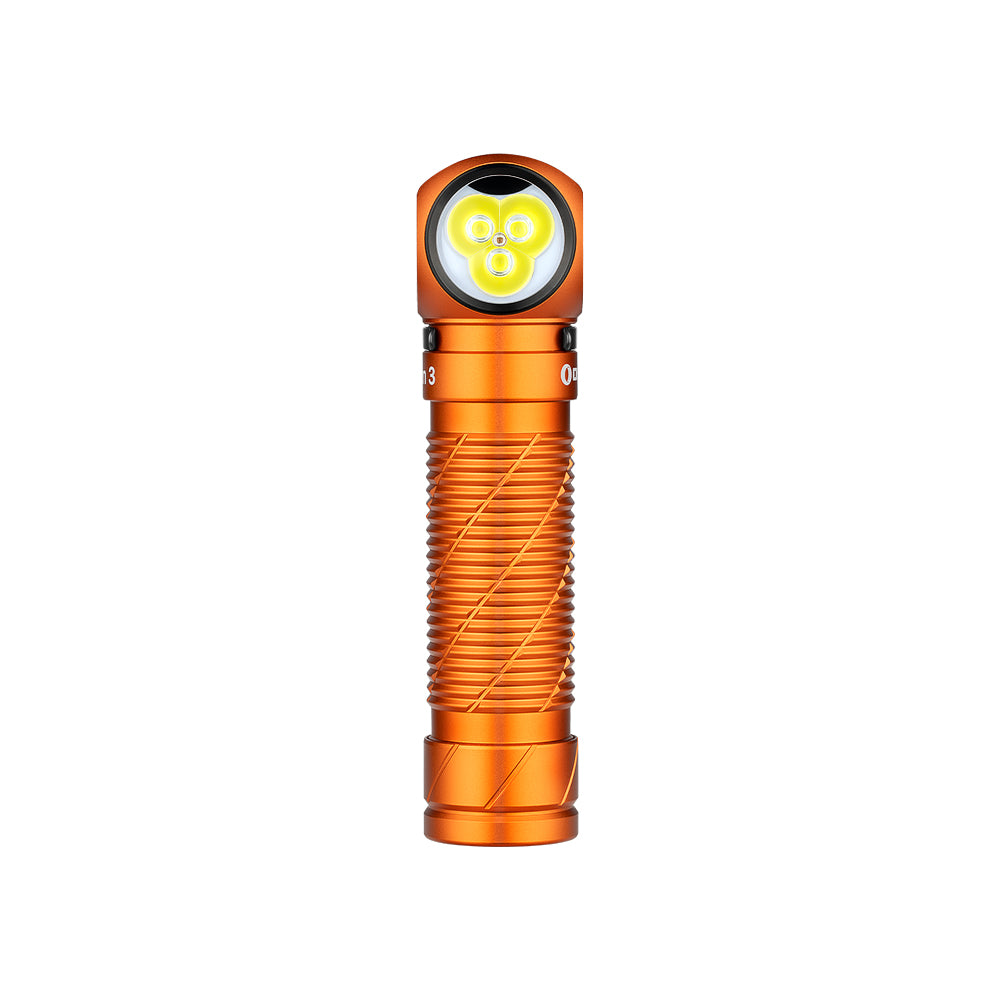 Olight Perun 3 Orange front view – 3,000 lumen right-angle rechargeable headlamp with white and red LEDs