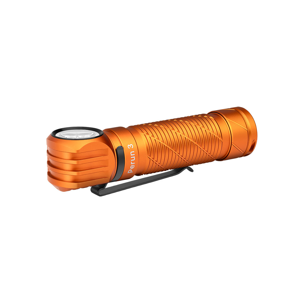 Olight Perun 3 Orange horizontal angled view showing the pocket clip