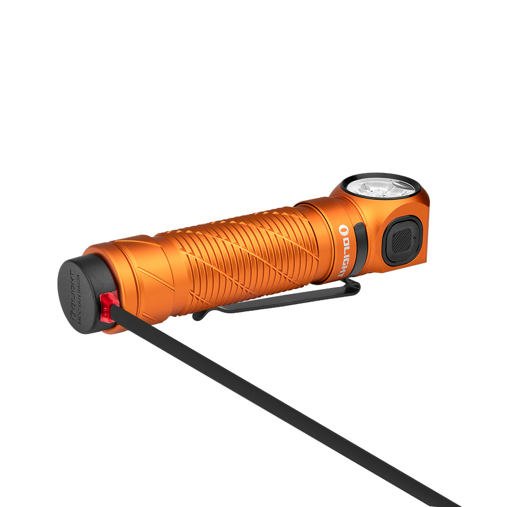 Olight Perun 3 Orange magnetic charging cable connected to the tailcap