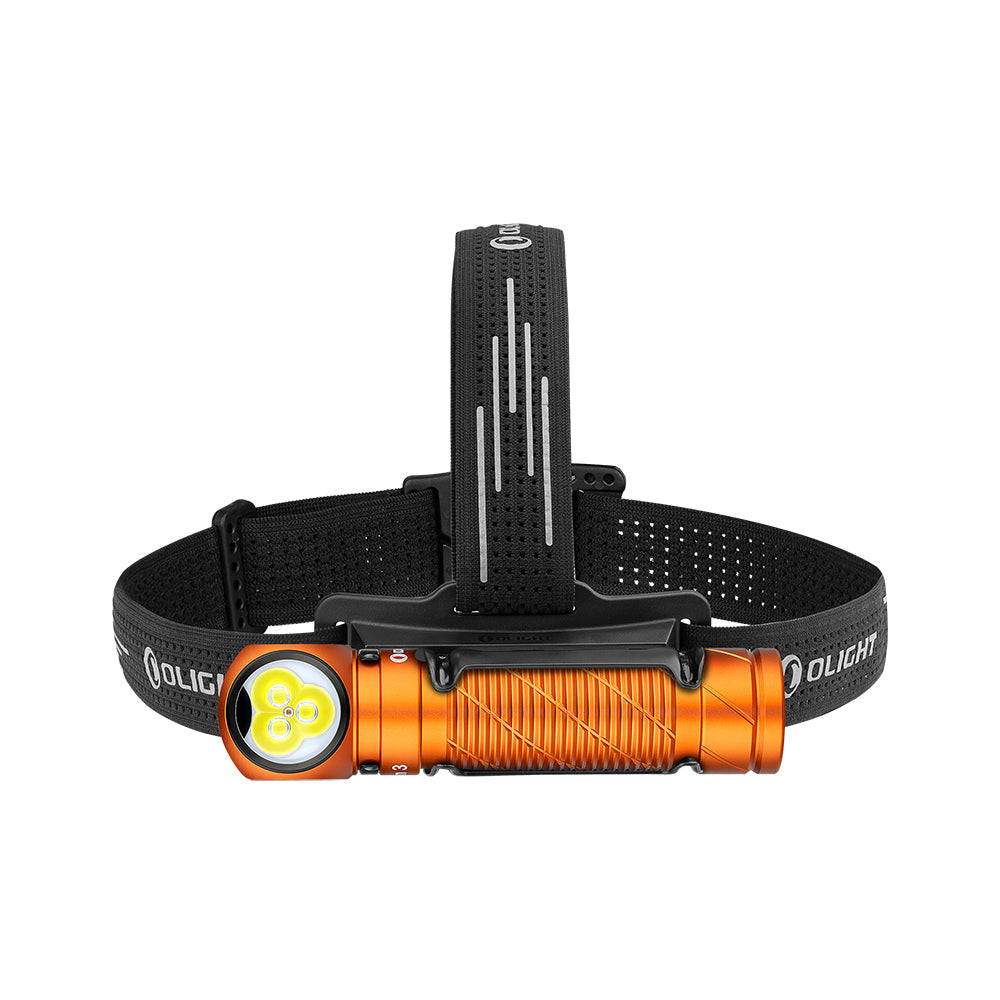 Olight Perun 3 Orange mounted on its headband