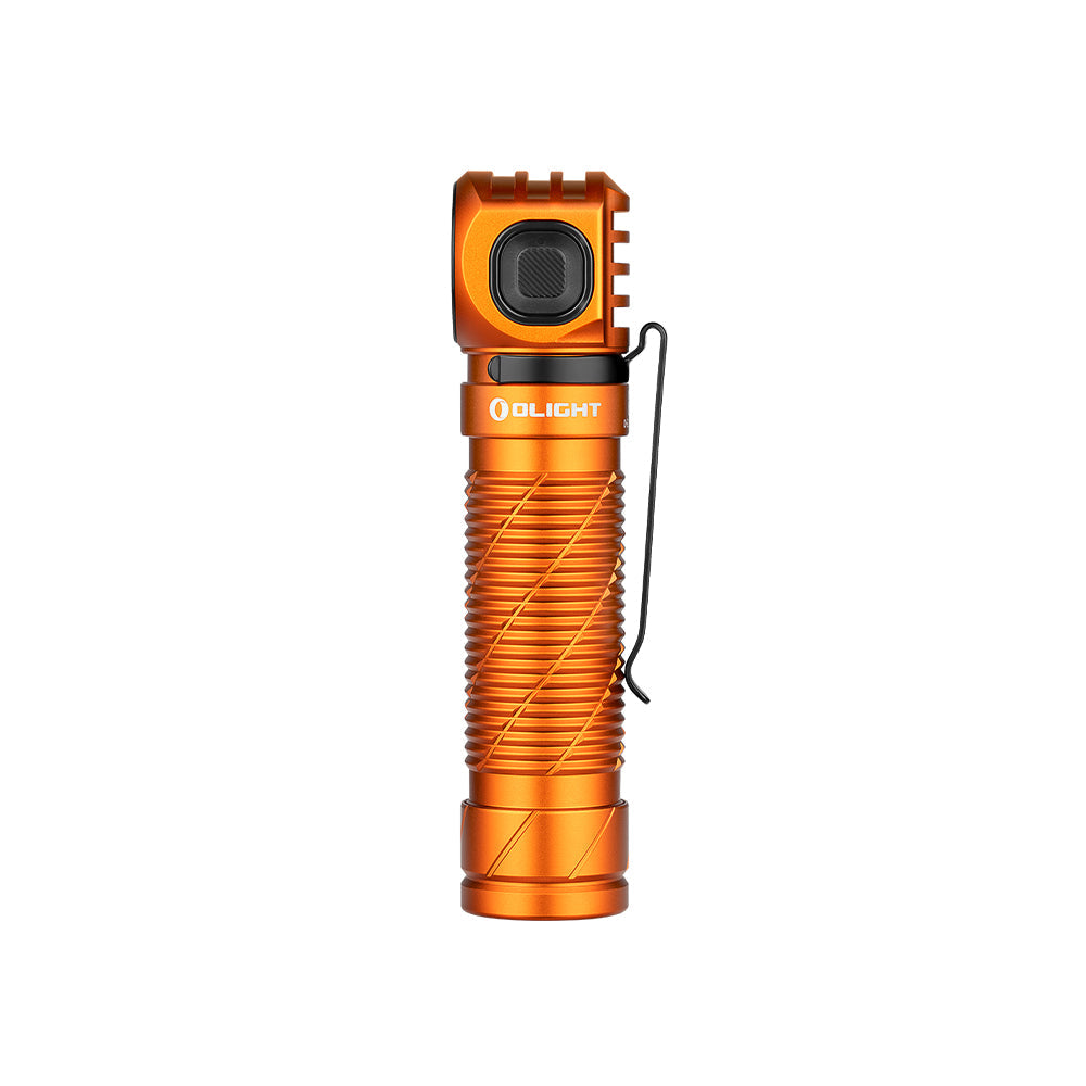 Olight Perun 3 Orange side view showing the pocket clip and textured body