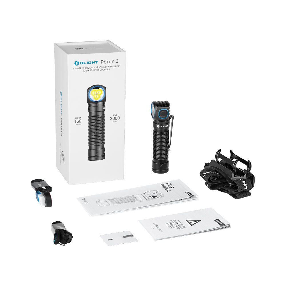 Olight Perun 3 package contents – headlamp, headband, mounting bracket, magnetic charging cable, lanyard and user manual