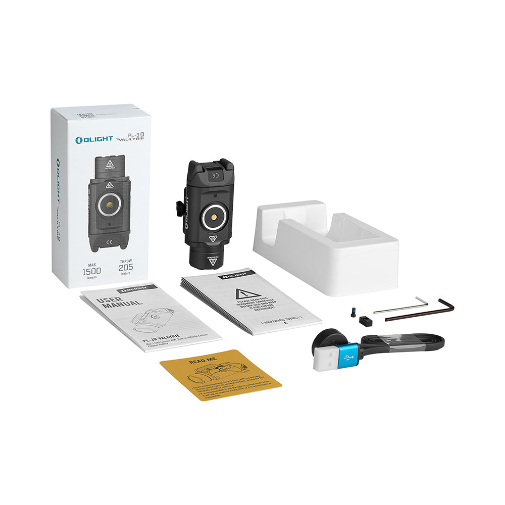 Olight PL-3R Valkyrie package contents – weapon light, retail box, charging cable, hex key and rail adapters