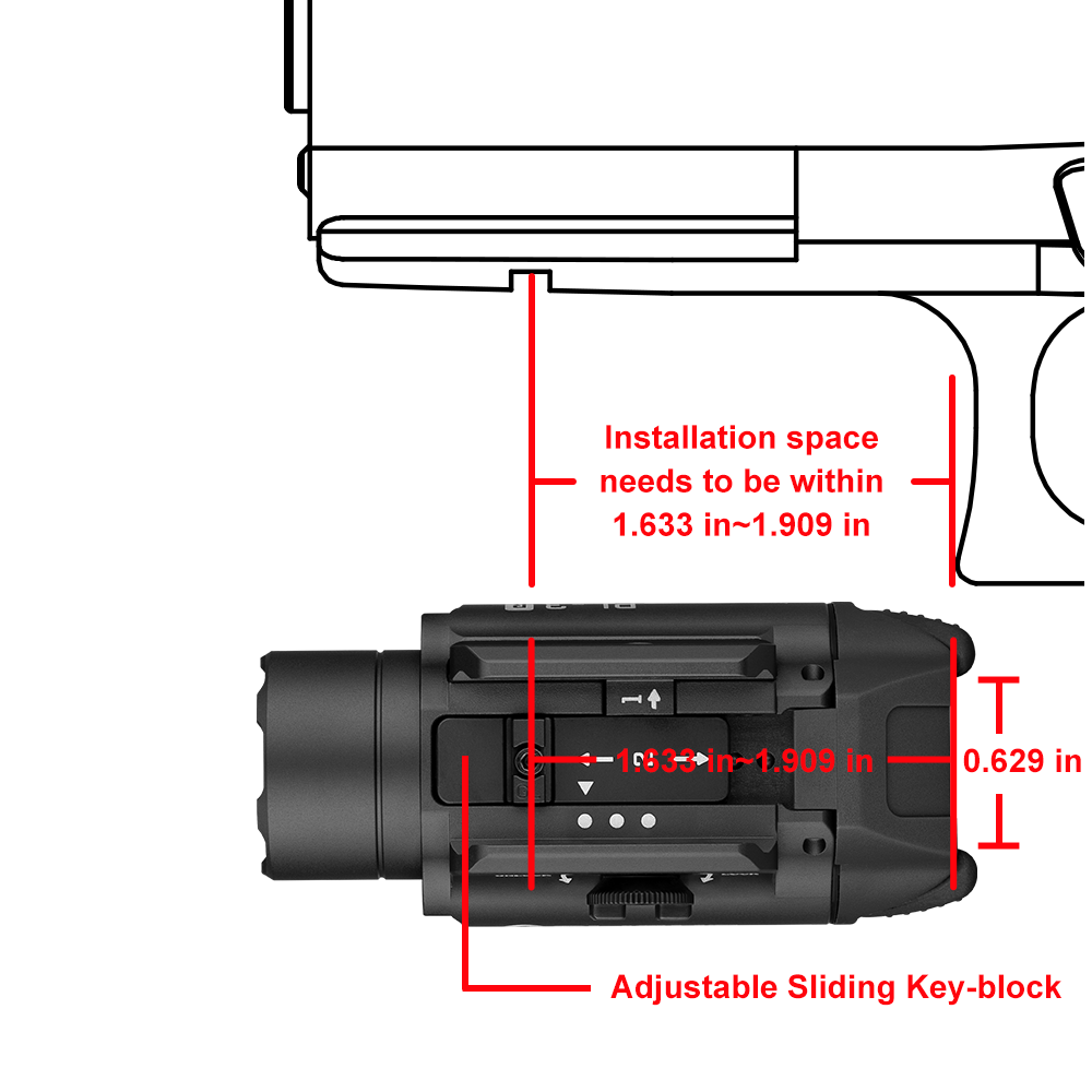 Olight PL-3R Valkyrie rail fit dimensions and adjustable sliding key-block installation space