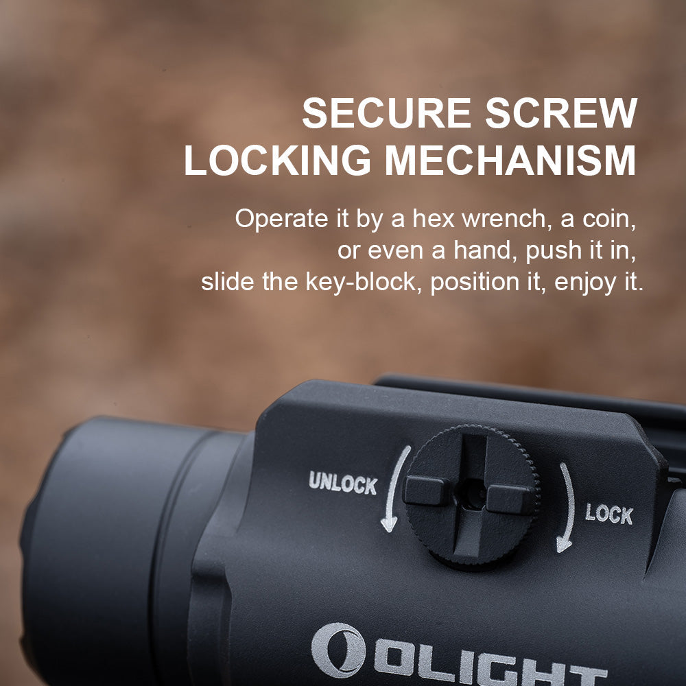 Olight PL-3R Valkyrie secure screw locking mechanism – operable with a hex wrench, a coin or even a hand