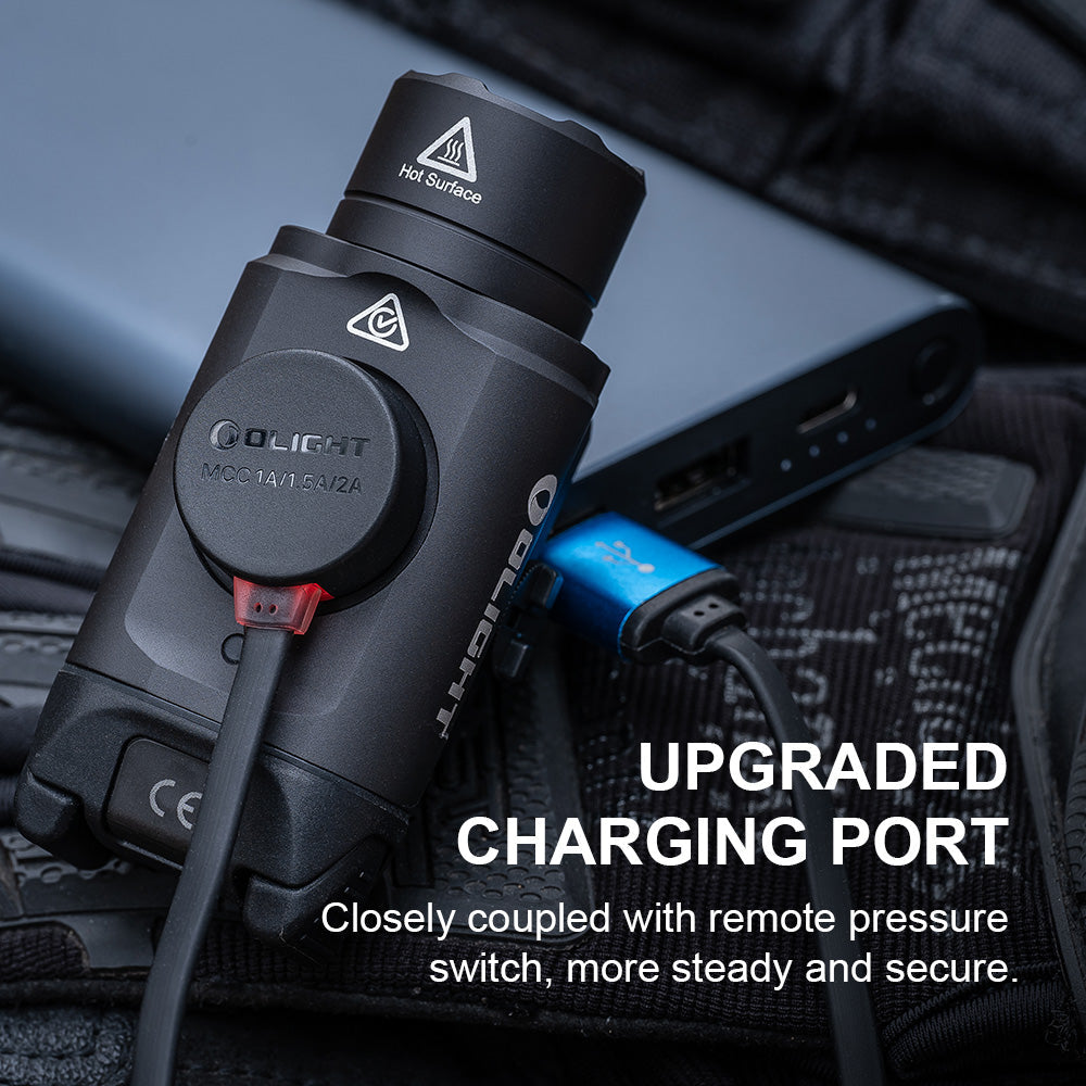 Olight PL-3R Valkyrie upgraded charging port, closely coupled with the remote pressure switch for a steady and secure connection