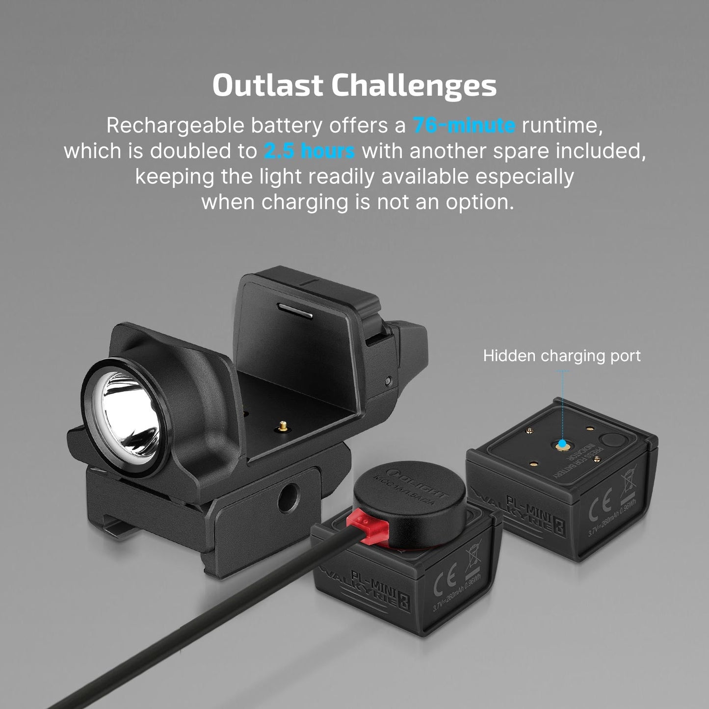 Olight PL-MINI 3 Valkyrie rechargeable battery with hidden charging port and doubled runtime using the spare